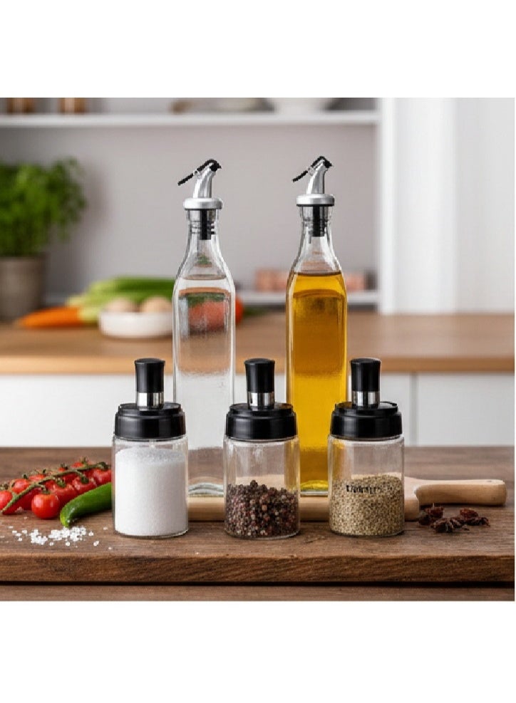 RR BRAND Set of 2 Oil & Vinegar Bottles (500 ml) and 3 Glass Spice Jars with Spoons – Clear Kitchen Storage Set - Image 3